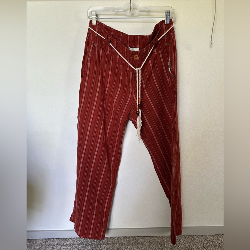 Sundance Catalog Pants Linen Blend Rust Brown Stripe Wide Leg Tie Belt